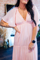 Serene Flutter Sleeve Tiered Maxi Dress – Plunging V - Neck Empire Waist Lt Pink - Southern Chic Tees & Boutique