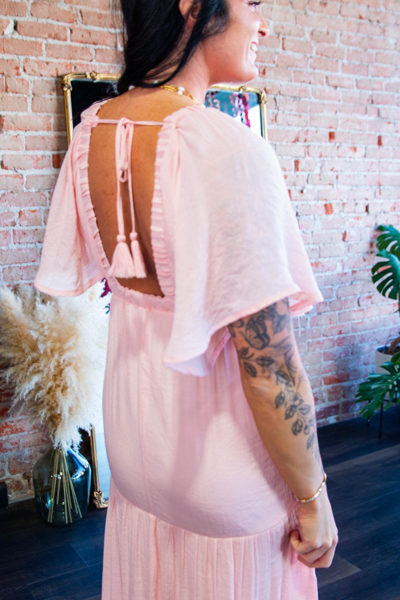 Serene Flutter Sleeve Tiered Maxi Dress – Plunging V - Neck Empire Waist Lt Pink - Southern Chic Tees & Boutique