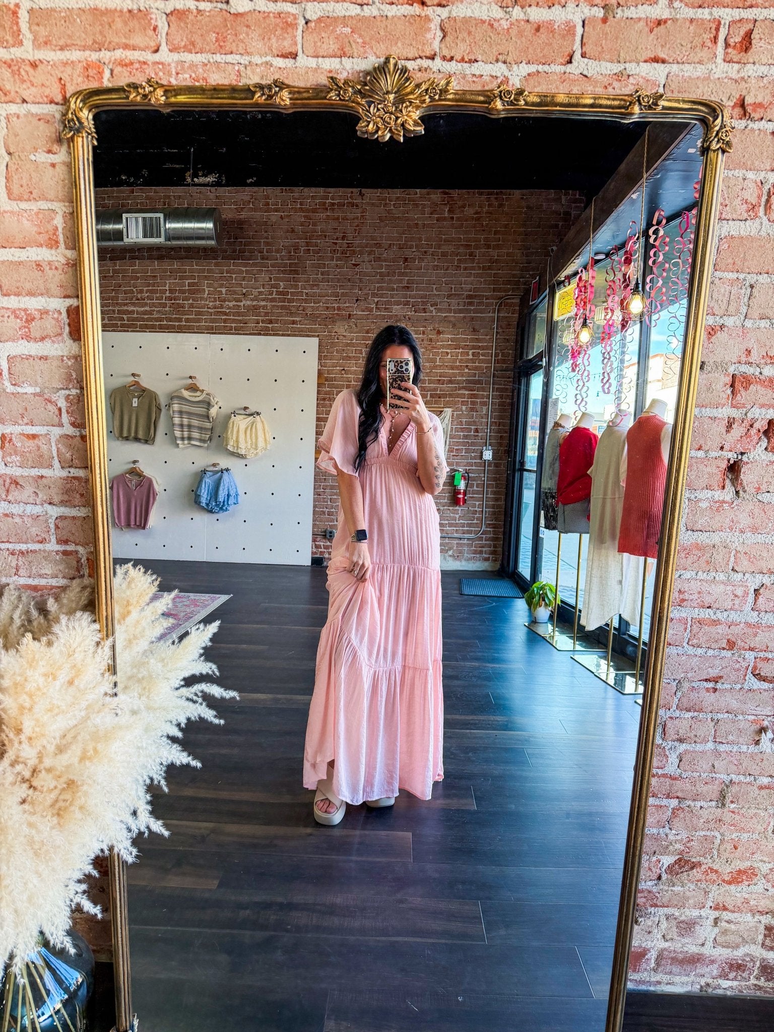 Serene Flutter Sleeve Tiered Maxi Dress – Plunging V - Neck Empire Waist Lt Pink - Southern Chic Tees & Boutique