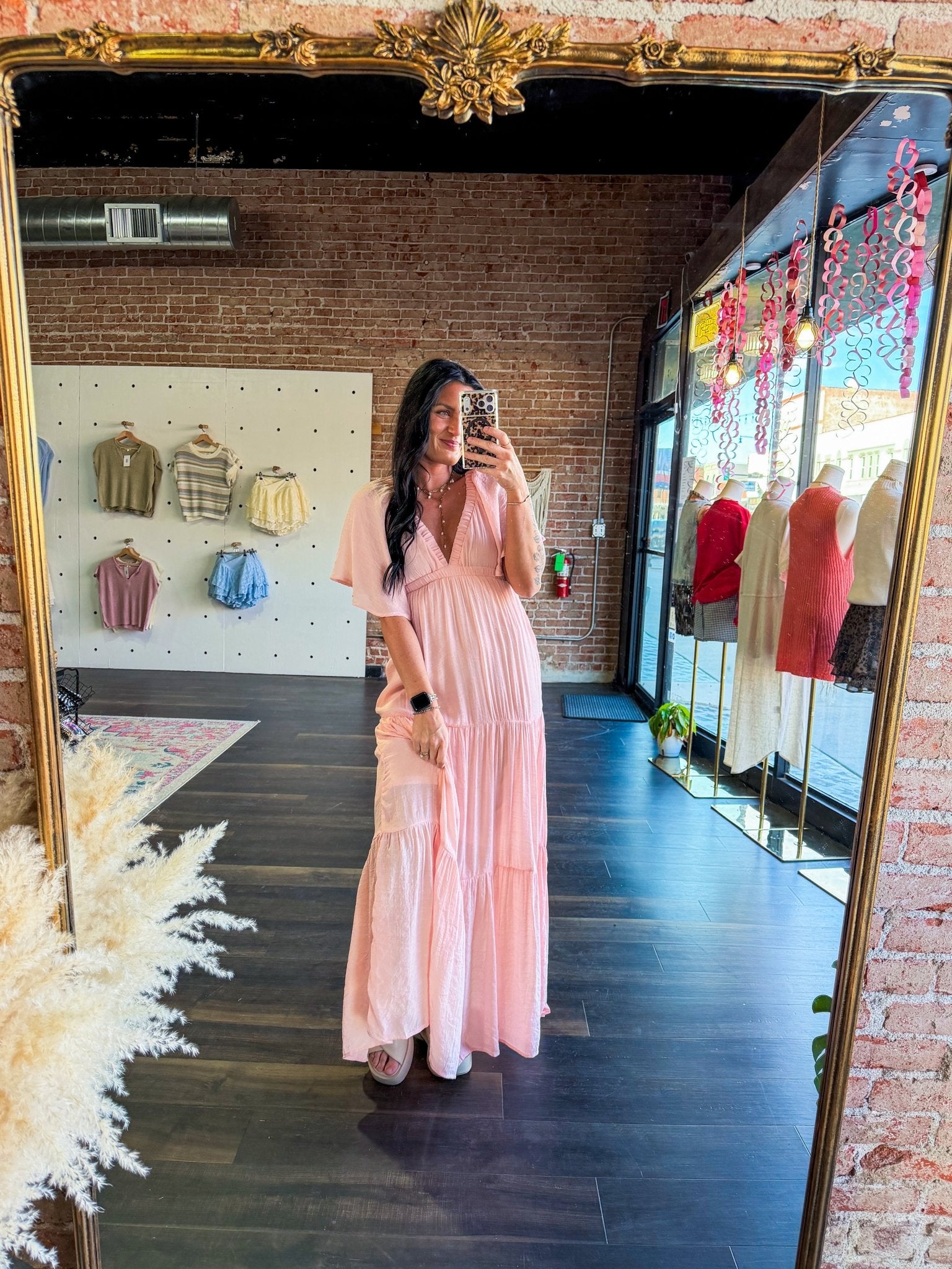 Serene Flutter Sleeve Tiered Maxi Dress – Plunging V - Neck Empire Waist Lt Pink - Southern Chic Tees & Boutique