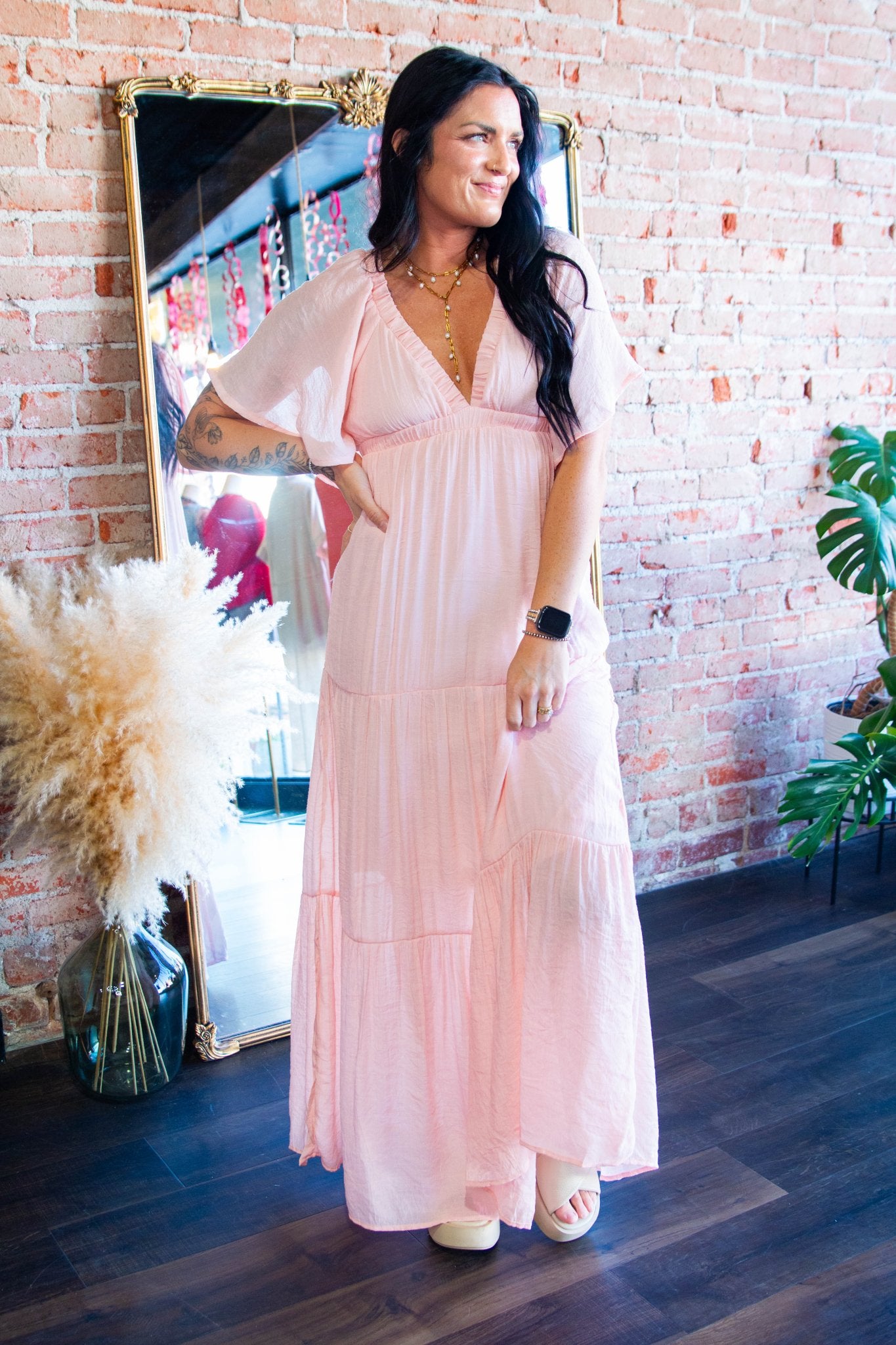 Serene Flutter Sleeve Tiered Maxi Dress – Plunging V - Neck Empire Waist Lt Pink - Southern Chic Tees & Boutique