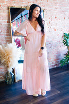 Serene Flutter Sleeve Tiered Maxi Dress – Plunging V - Neck Empire Waist Lt Pink - Southern Chic Tees & Boutique