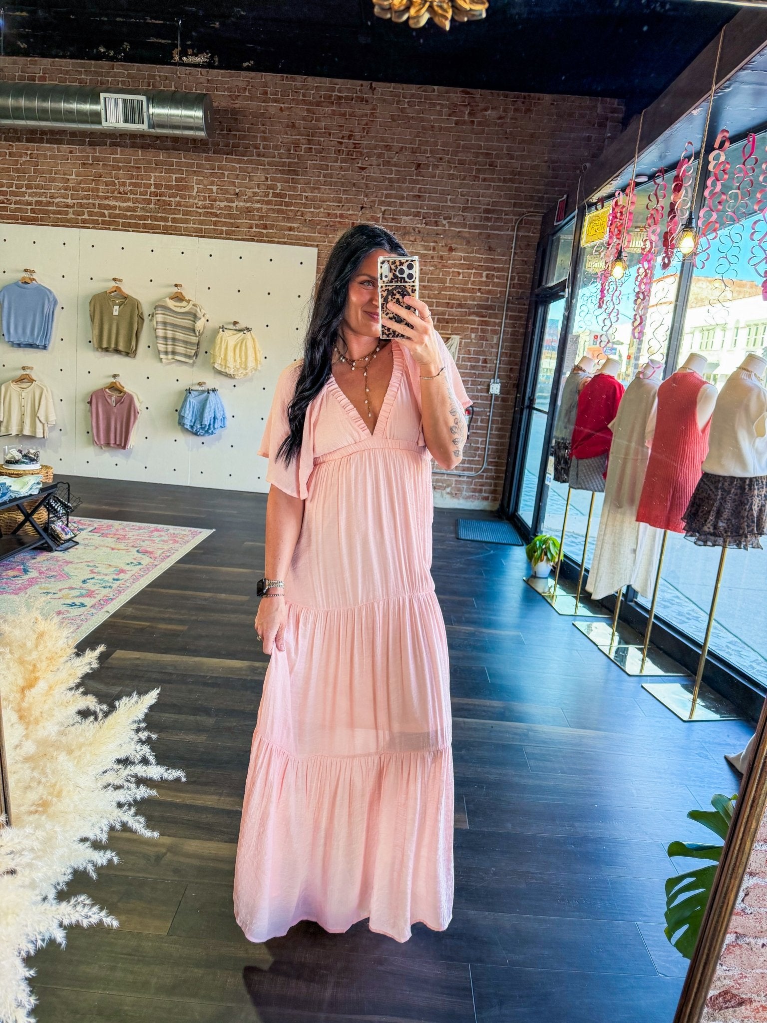 Serene Flutter Sleeve Tiered Maxi Dress – Plunging V - Neck Empire Waist Lt Pink - Southern Chic Tees & Boutique