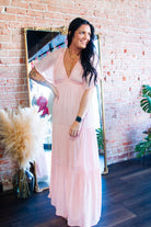 Serene Flutter Sleeve Tiered Maxi Dress – Plunging V - Neck Empire Waist Lt Pink - Southern Chic Tees & Boutique