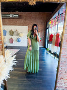 Serene Flutter Sleeve Tiered Maxi Dress – Plunging V - Neck Empire Waist Olive - Southern Chic Tees & Boutique