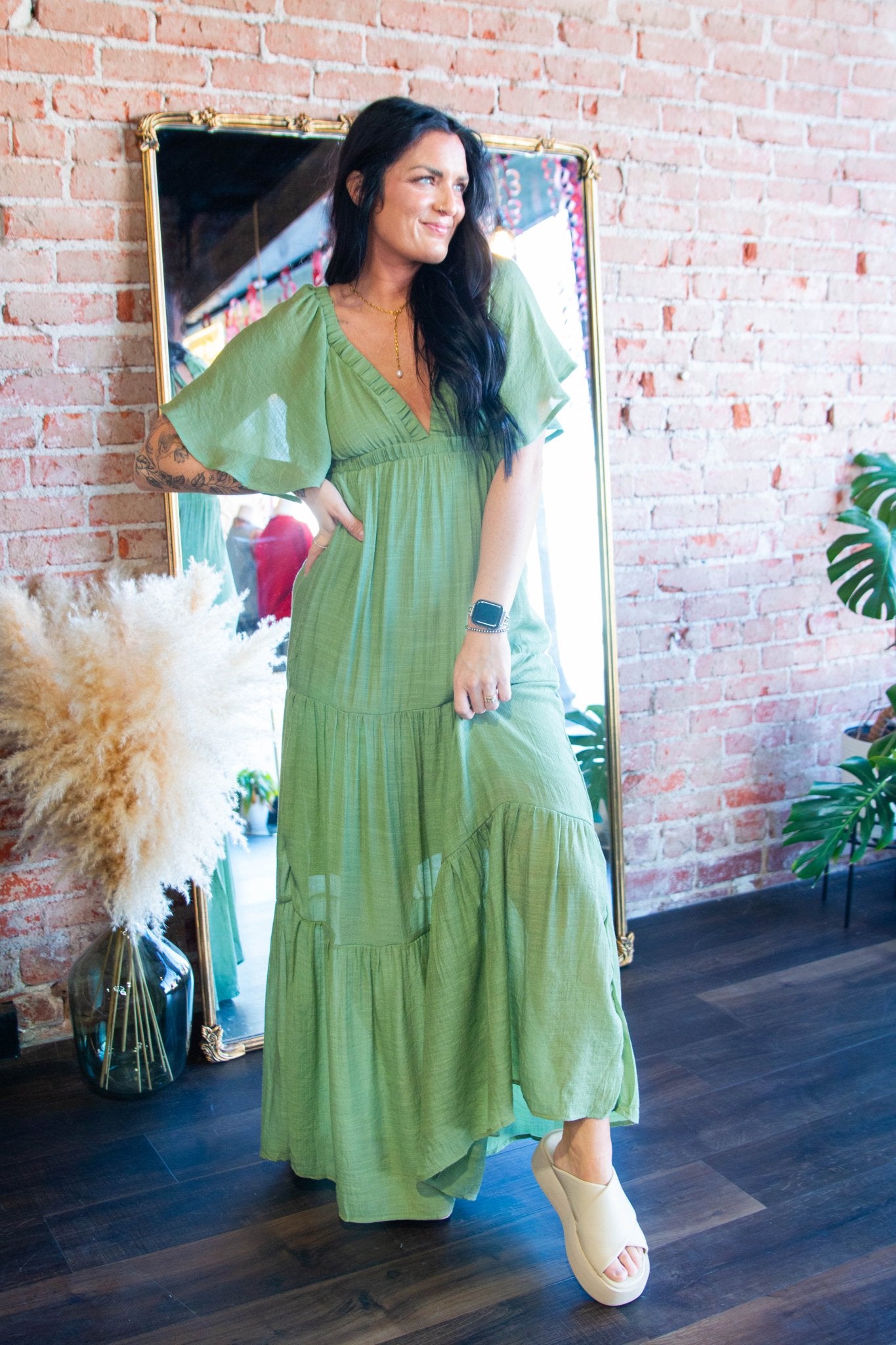 Serene Flutter Sleeve Tiered Maxi Dress – Plunging V - Neck Empire Waist Olive - Southern Chic Tees & Boutique
