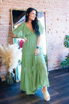 Serene Flutter Sleeve Tiered Maxi Dress – Plunging V - Neck Empire Waist Olive - Southern Chic Tees & Boutique