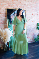 Serene Flutter Sleeve Tiered Maxi Dress – Plunging V - Neck Empire Waist Olive - Southern Chic Tees & Boutique