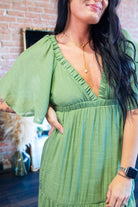 Serene Flutter Sleeve Tiered Maxi Dress – Plunging V - Neck Empire Waist Olive - Southern Chic Tees & Boutique