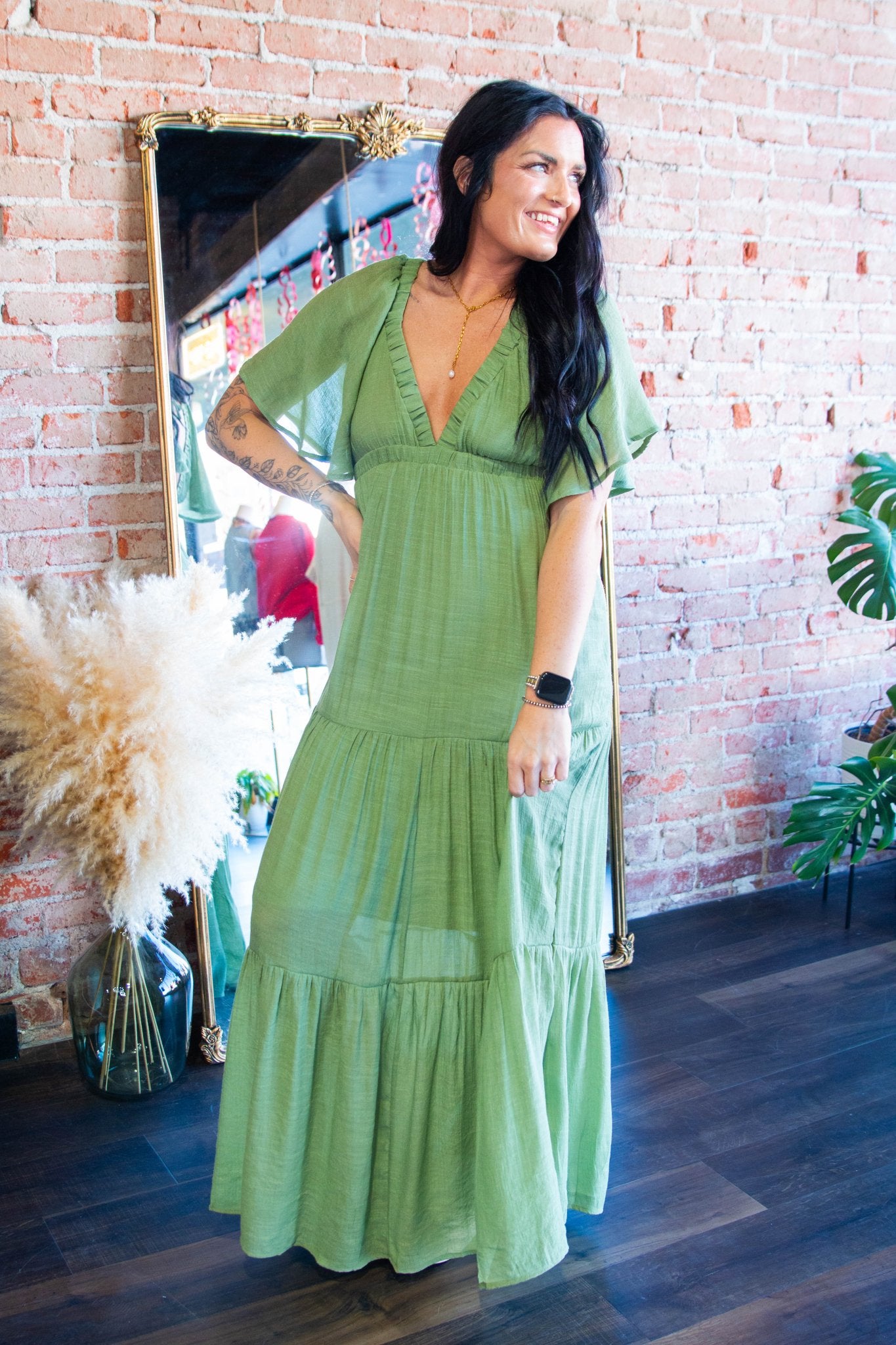 Serene Flutter Sleeve Tiered Maxi Dress – Plunging V - Neck Empire Waist Olive - Southern Chic Tees & Boutique
