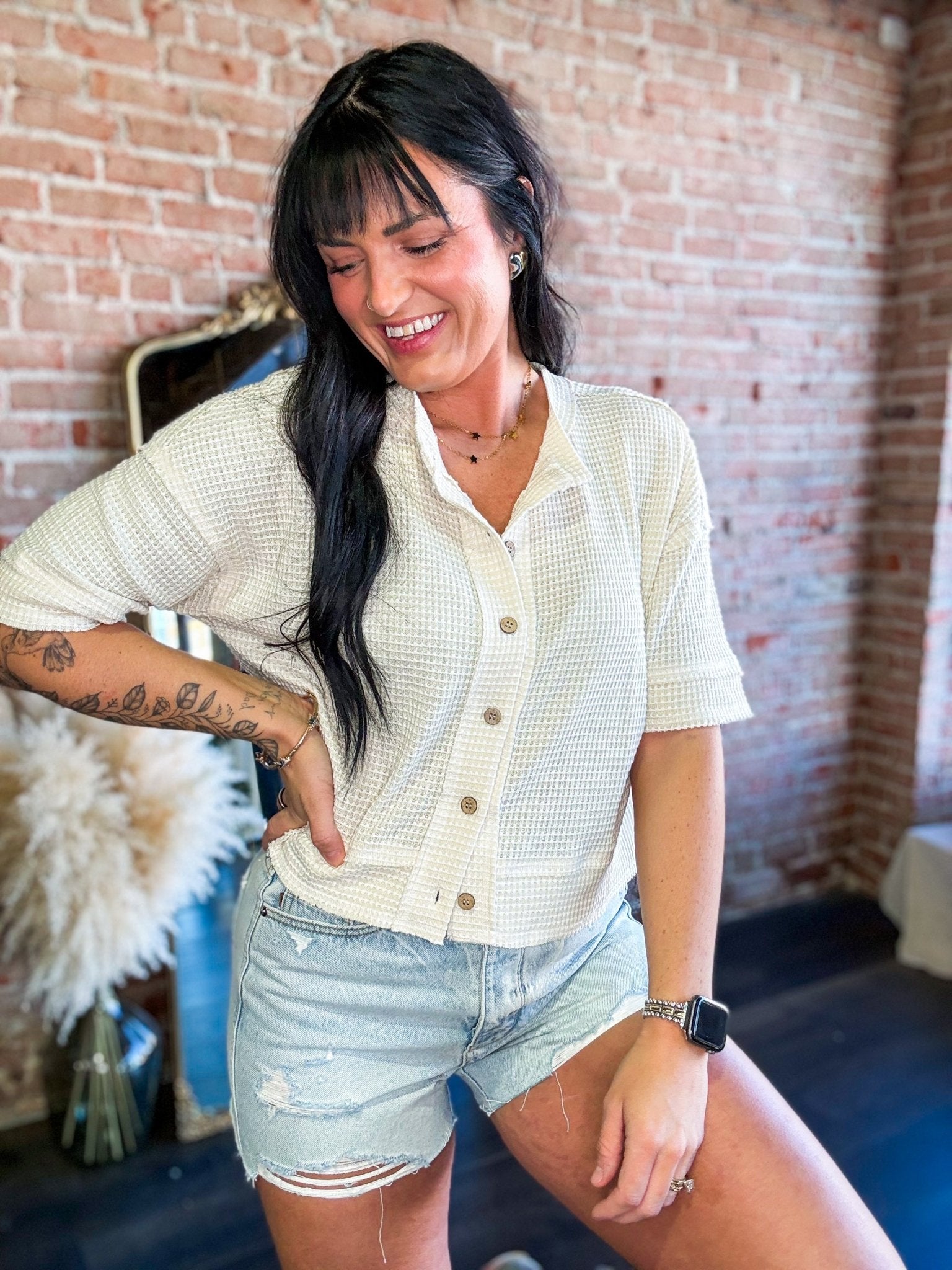 Short Sleeve Waffle Button Front Cardigan | Cream - Southern Chic Tees & Boutique