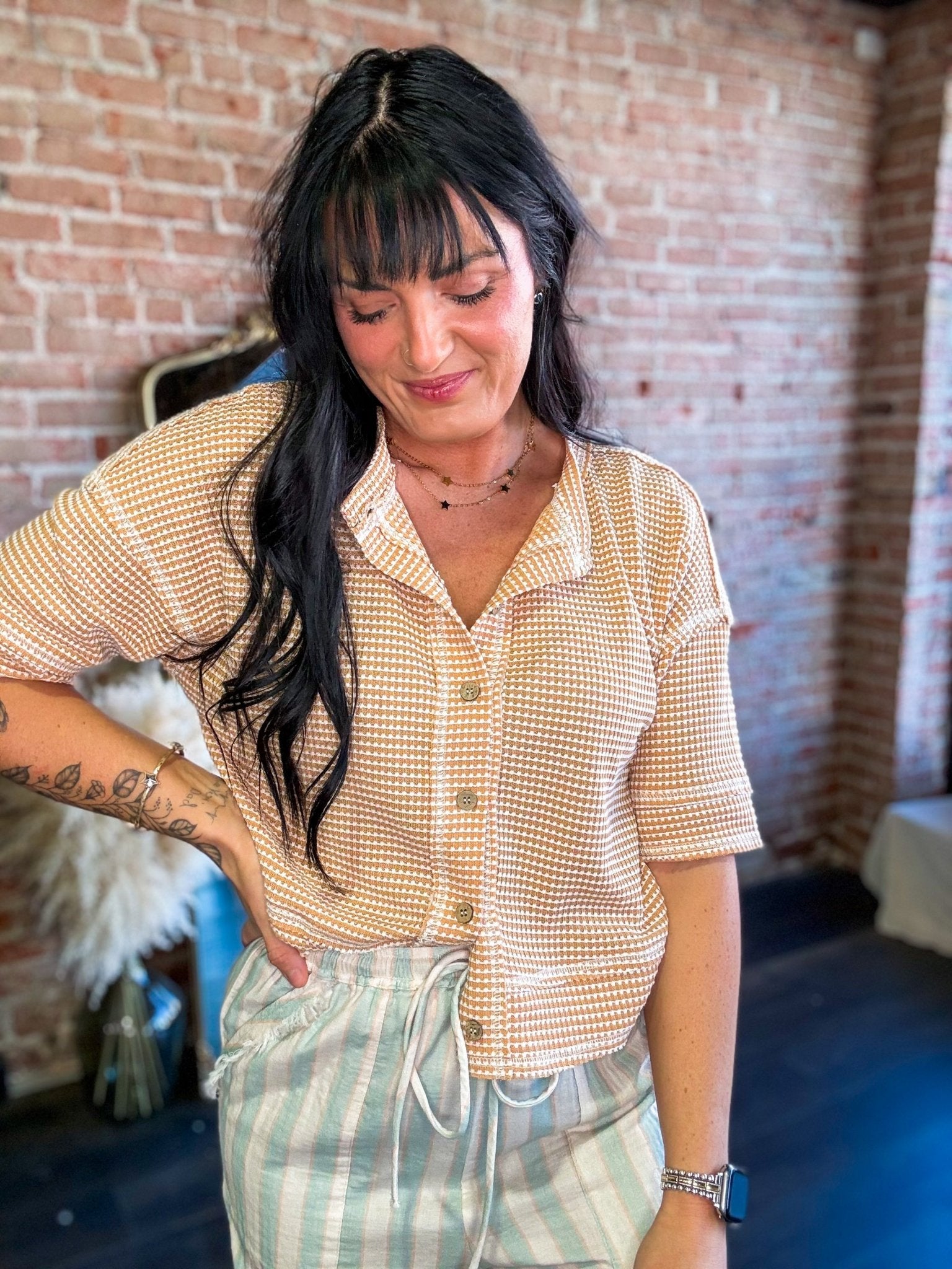 Short Sleeve Waffle Button Front Cardigan | Light Peach - Southern Chic Tees & Boutique