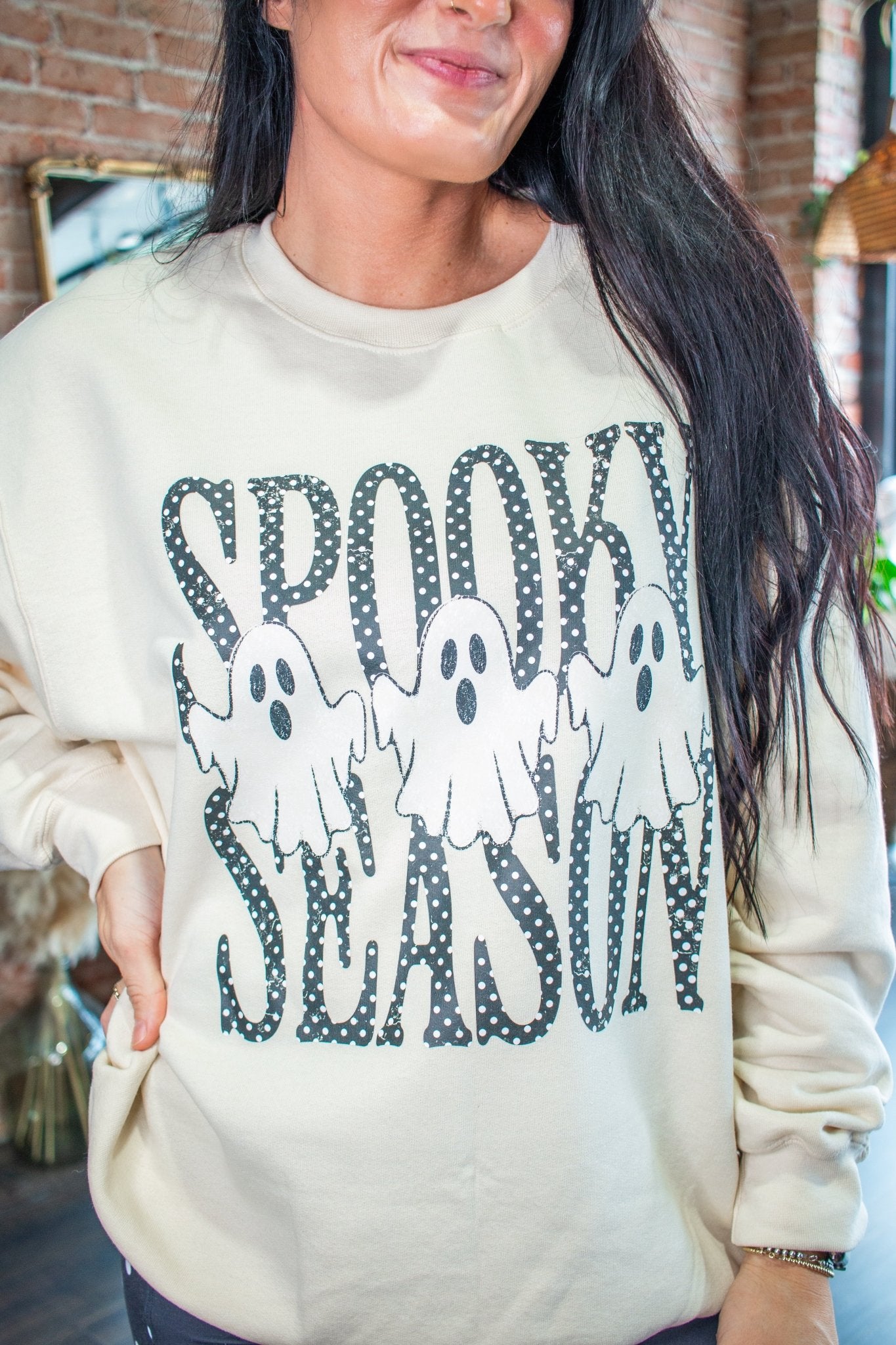 Spooky Season Ghost Polka Dot Graphic Sweatshirt – Cute Halloween Crewneck - Southern Chic Tees & Boutique