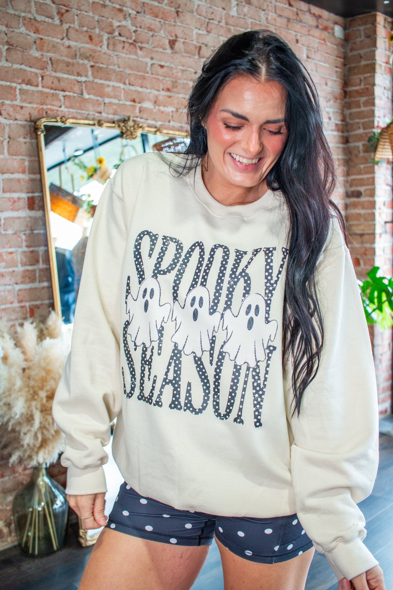 Spooky Season Ghost Polka Dot Graphic Sweatshirt – Cute Halloween Crewneck - Southern Chic Tees & Boutique