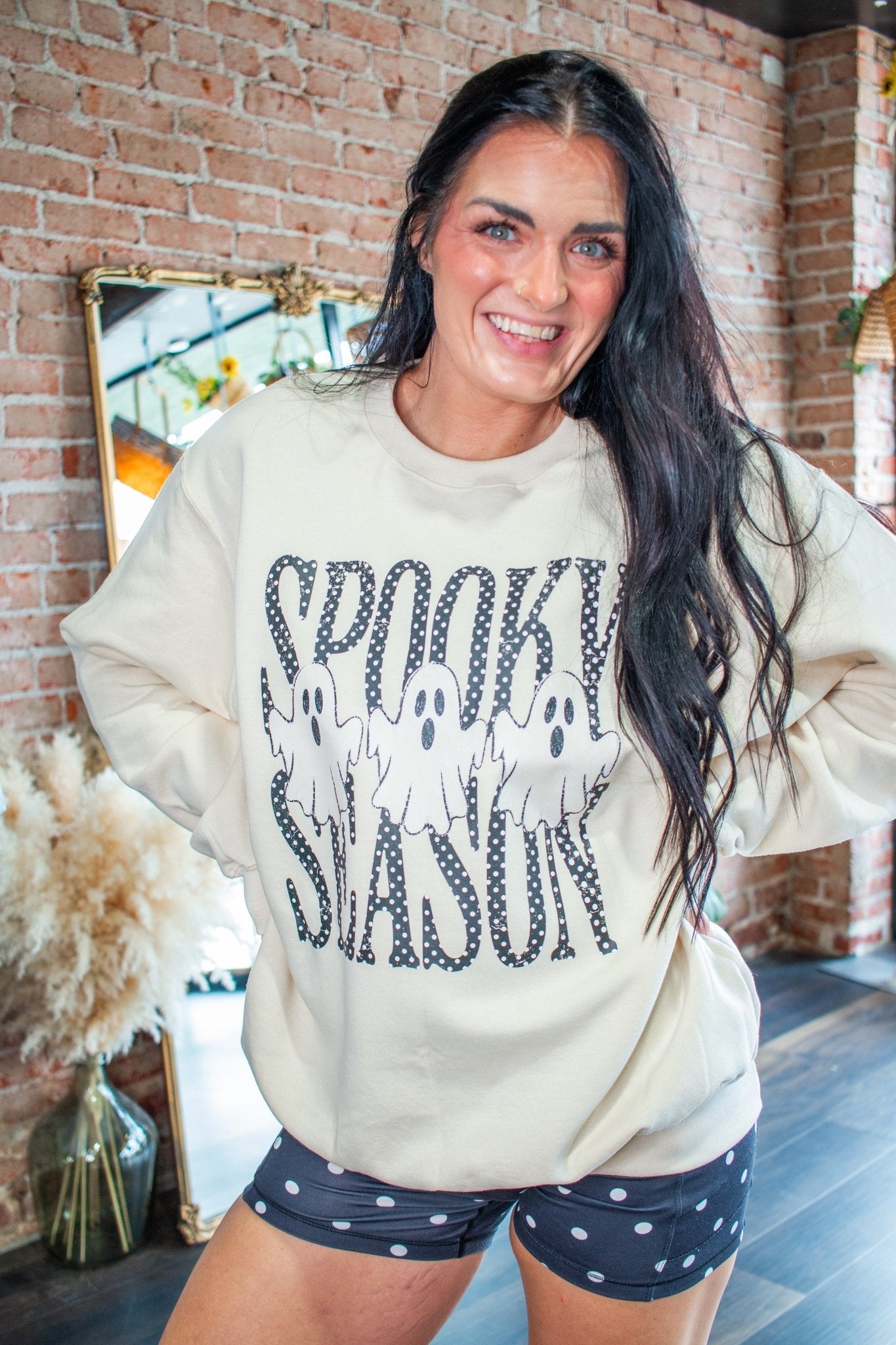 Spooky Season Ghost Polka Dot Graphic Sweatshirt – Cute Halloween Crewneck - Southern Chic Tees & Boutique