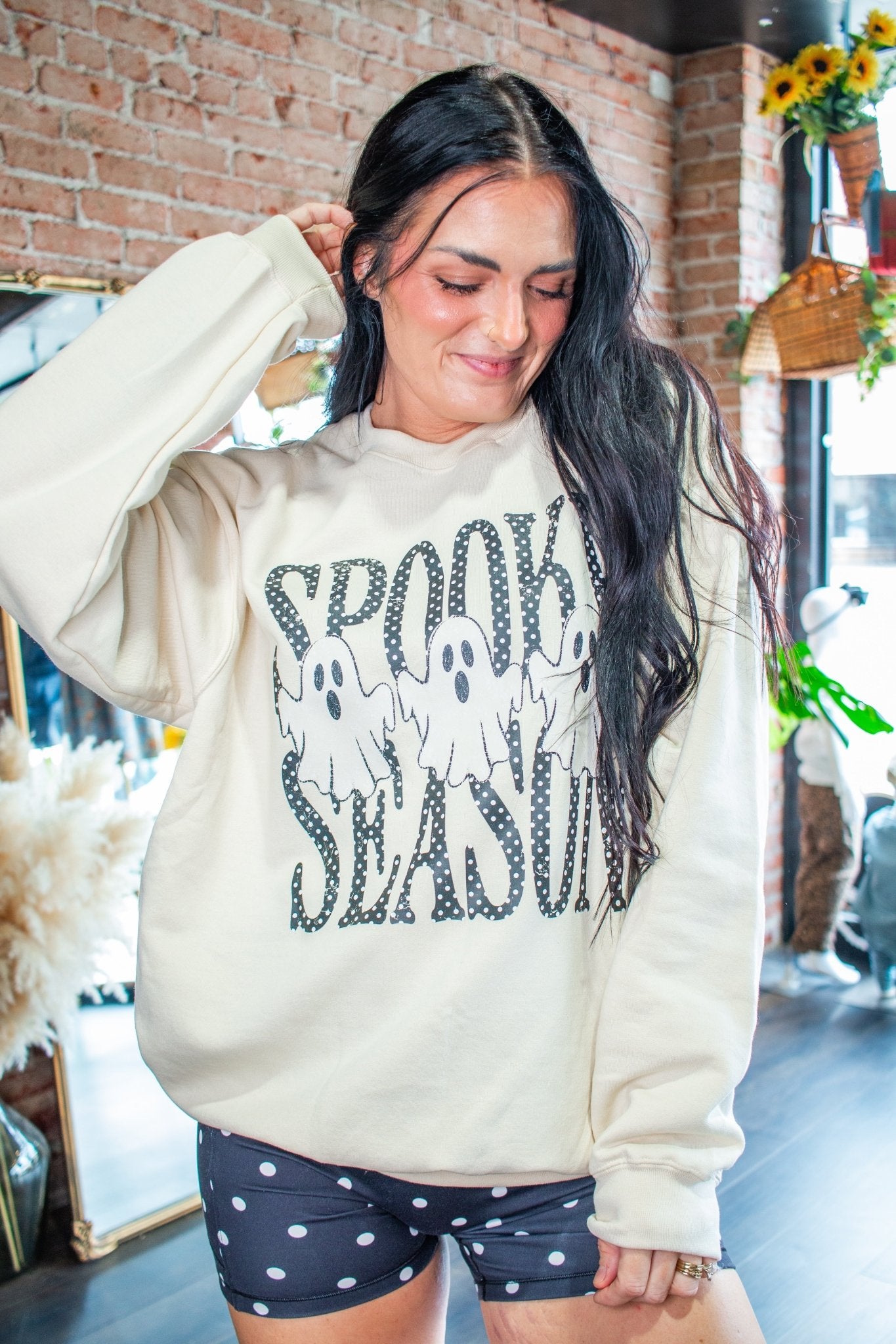 Spooky Season Ghost Polka Dot Graphic Sweatshirt – Cute Halloween Crewneck - Southern Chic Tees & Boutique