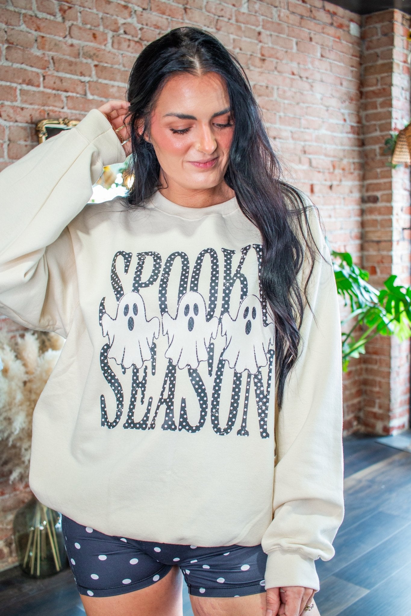 Spooky Season Ghost Polka Dot Graphic Sweatshirt – Cute Halloween Crewneck - Southern Chic Tees & Boutique