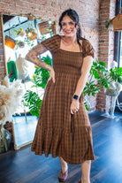 The "Pumpkin Spice & Everything Nice" Brown Plaid Puff Sleeve Midi Dress - Southern Chic Tees & Boutique