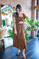 The "Pumpkin Spice & Everything Nice" Brown Plaid Puff Sleeve Midi Dress - Southern Chic Tees & Boutique