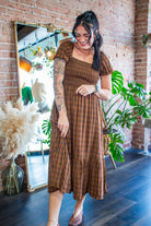 The "Pumpkin Spice & Everything Nice" Brown Plaid Puff Sleeve Midi Dress - Southern Chic Tees & Boutique