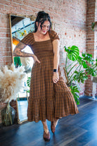 The "Pumpkin Spice & Everything Nice" Brown Plaid Puff Sleeve Midi Dress - Southern Chic Tees & Boutique