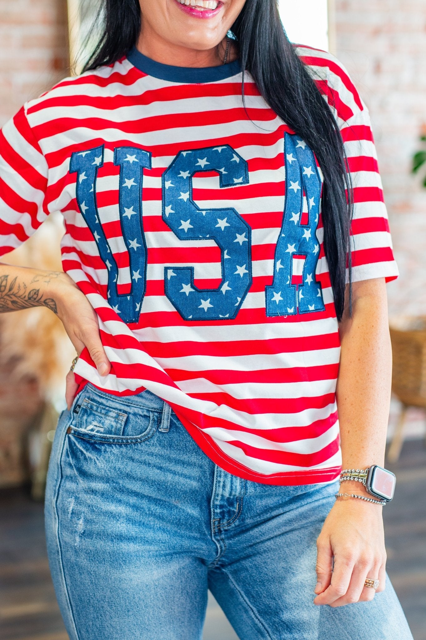 USA Star Patch Oversized Striped Patriotic Tee - Southern Chic Tees & Boutique