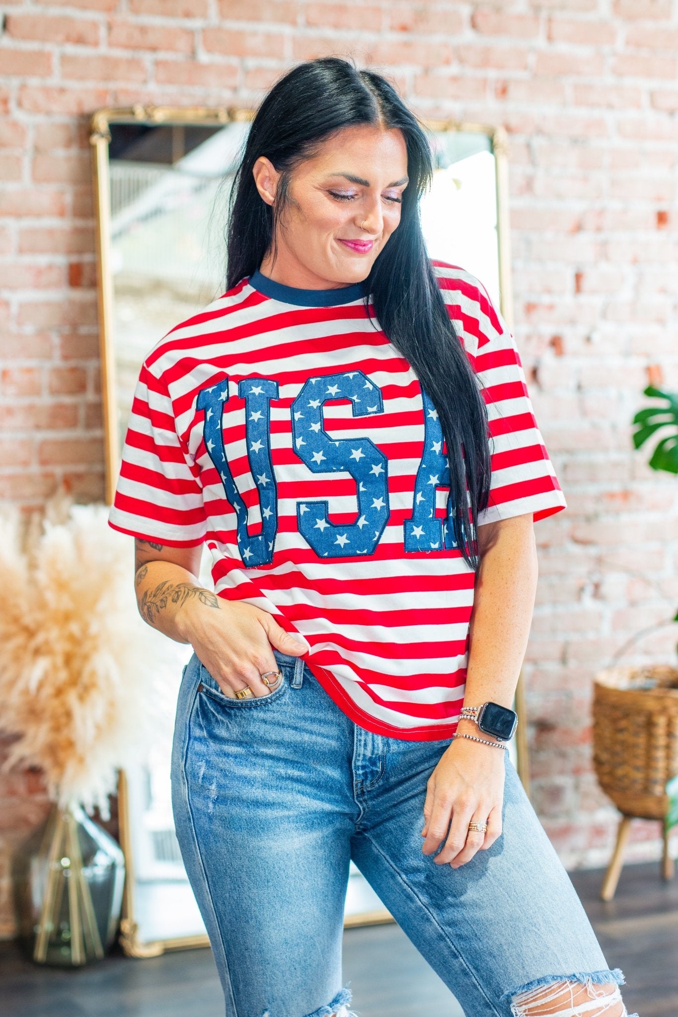 USA Star Patch Oversized Striped Patriotic Tee - Southern Chic Tees & Boutique