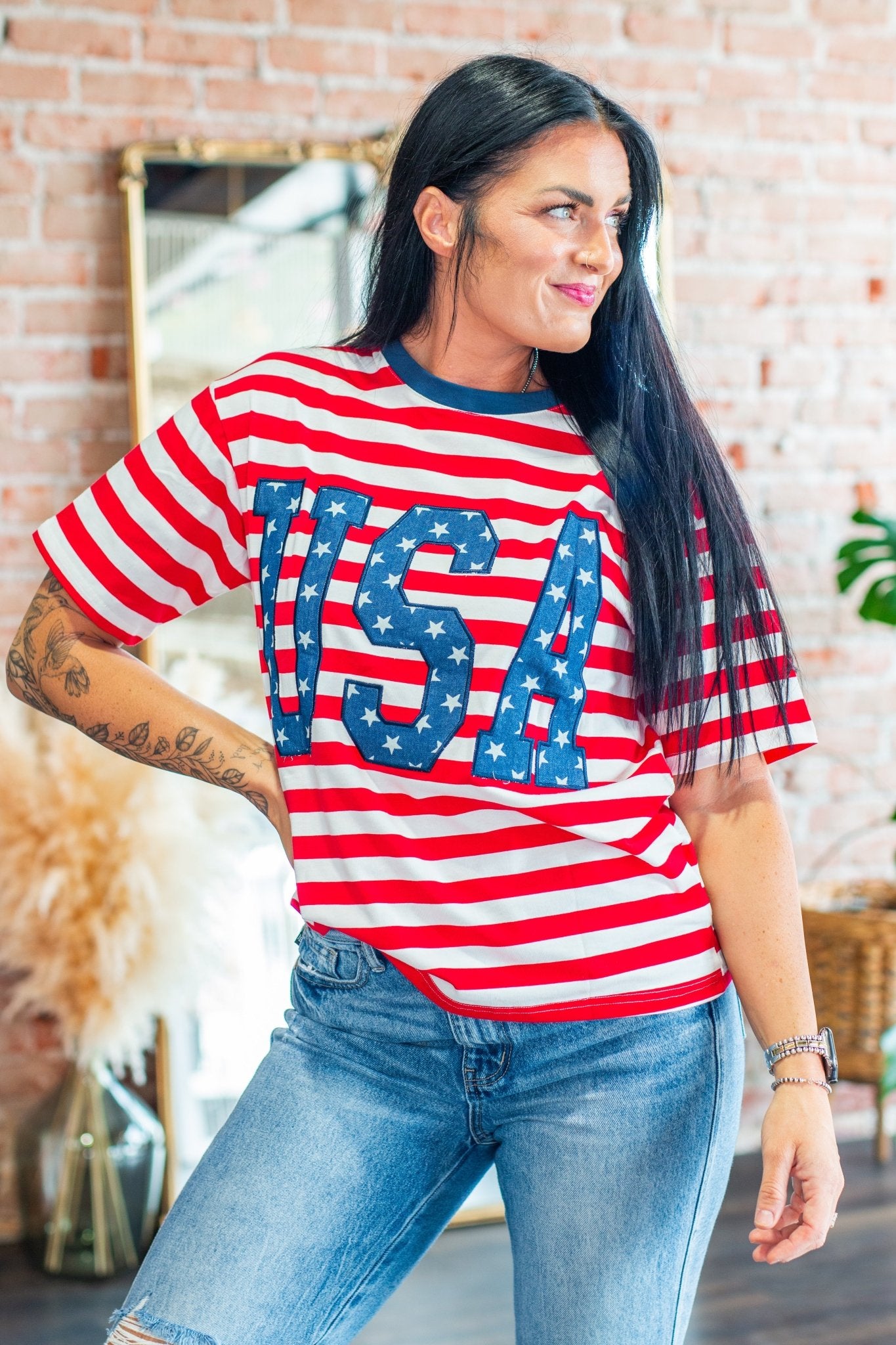 USA Star Patch Oversized Striped Patriotic Tee - Southern Chic Tees & Boutique