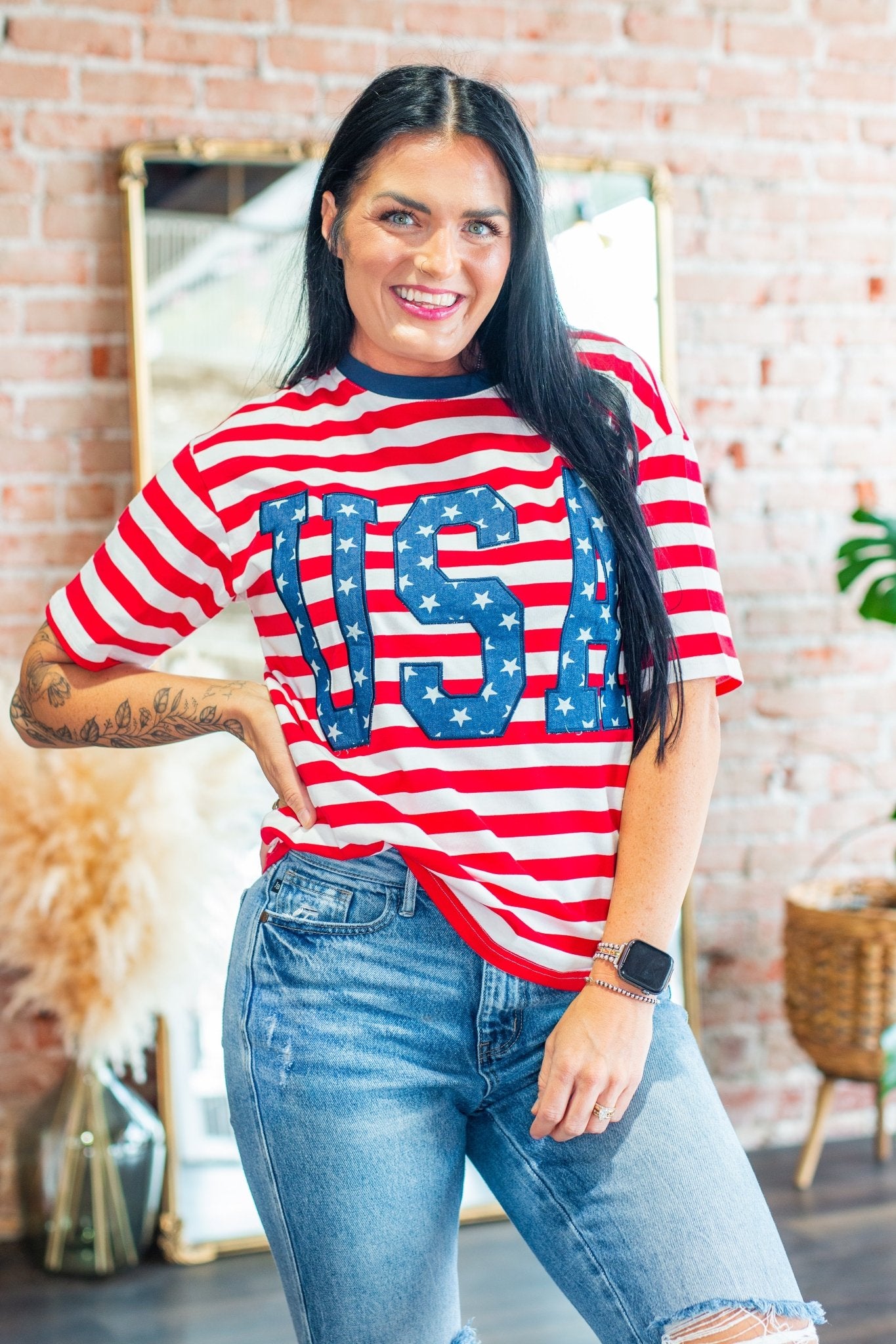 USA Star Patch Oversized Striped Patriotic Tee - Southern Chic Tees & Boutique