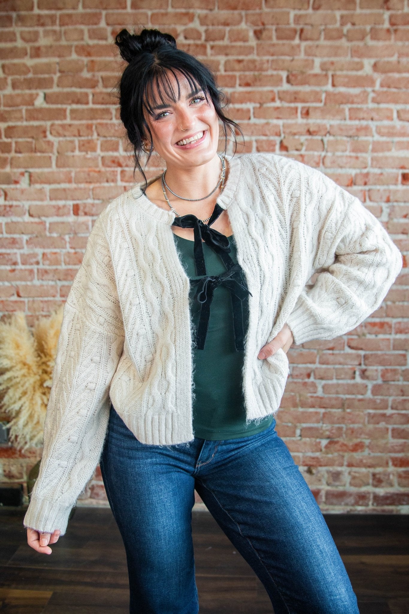 Velvet Bow Cable Knit Cardigan