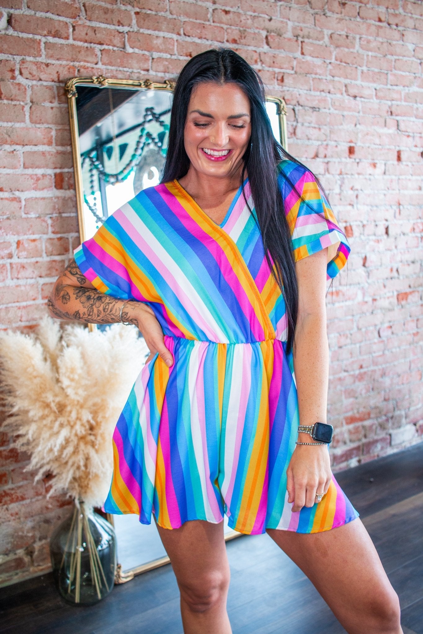 Vivid Multi-Stripe Surplice Romper with Dolman Sleeves - Southern Chic Tees & Boutique