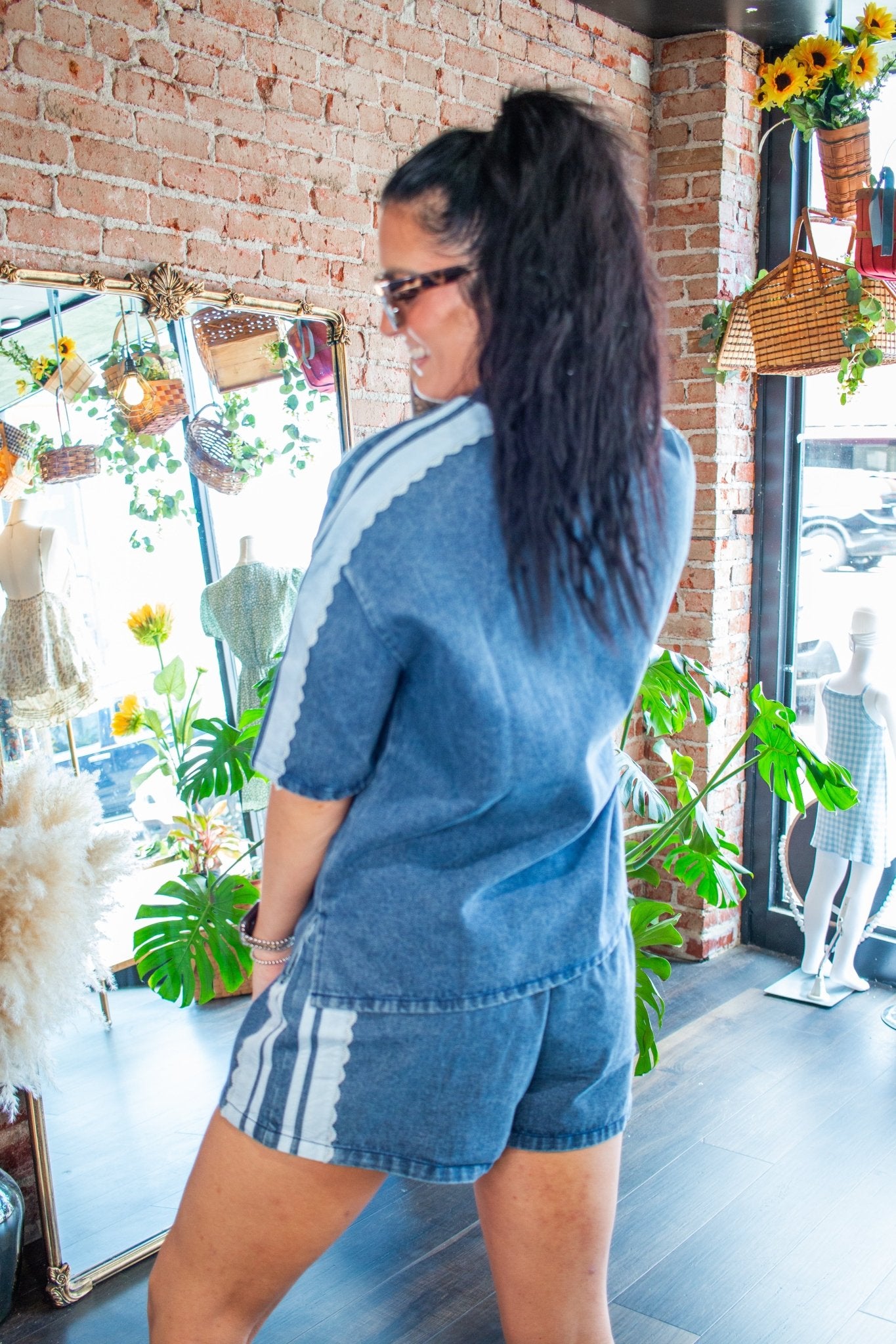 Washed Denim Side Lace Short Sleeve Top - Southern Chic Tees & Boutique