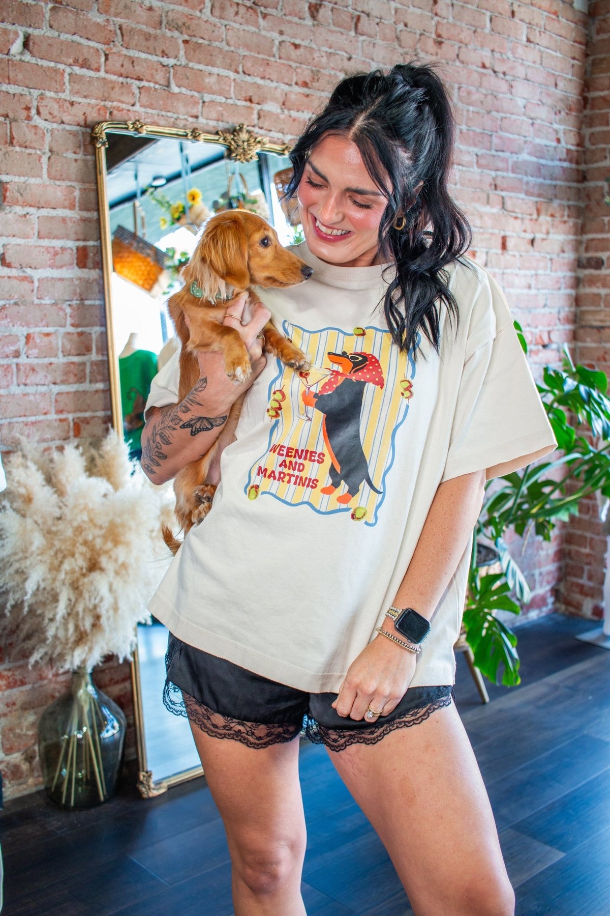 Weenies & Martinis: Oversized Boxy Dachshund Graphic Tee - Southern Chic Tees & Boutique