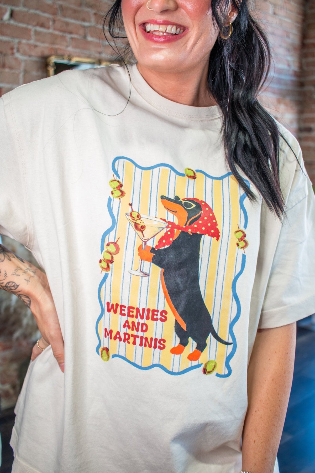 Weenies & Martinis: Oversized Boxy Dachshund Graphic Tee - Southern Chic Tees & Boutique