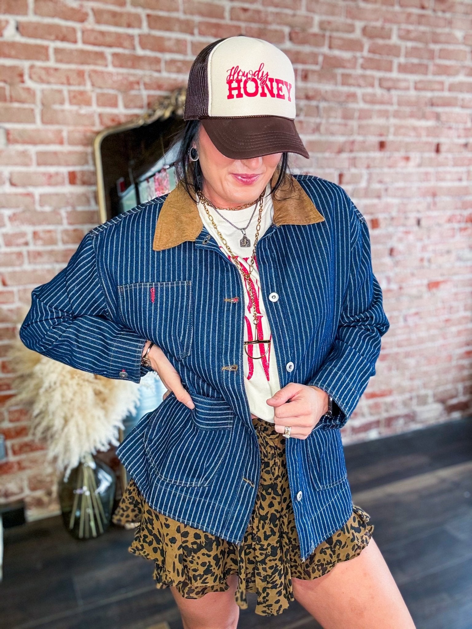 Western Stripe Corduroy Collar Denim Shacket - Southern Chic Tees & Boutique