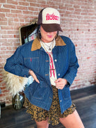 Western Stripe Corduroy Collar Denim Shacket - Southern Chic Tees & Boutique