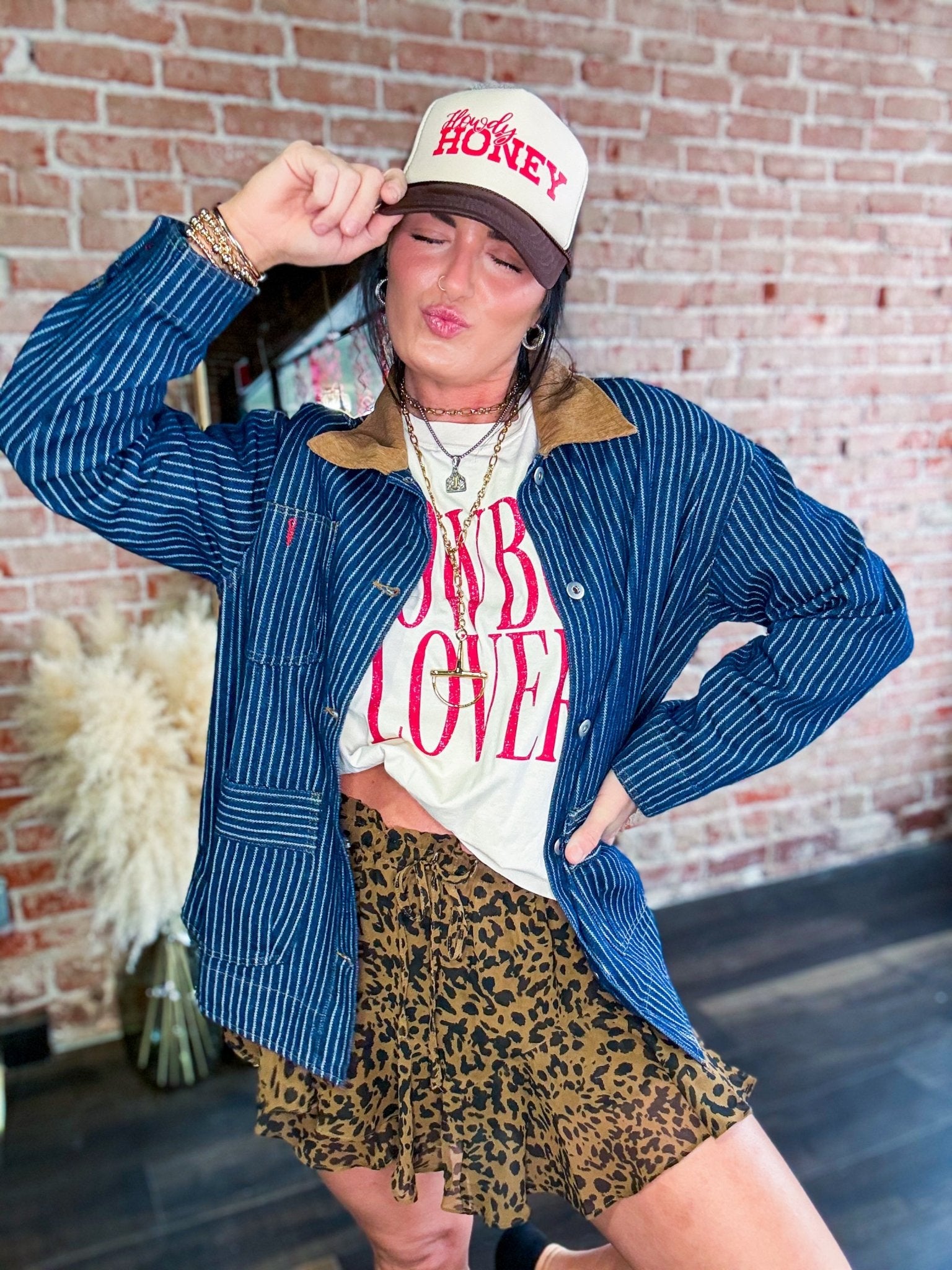 Western Stripe Corduroy Collar Denim Shacket - Southern Chic Tees & Boutique