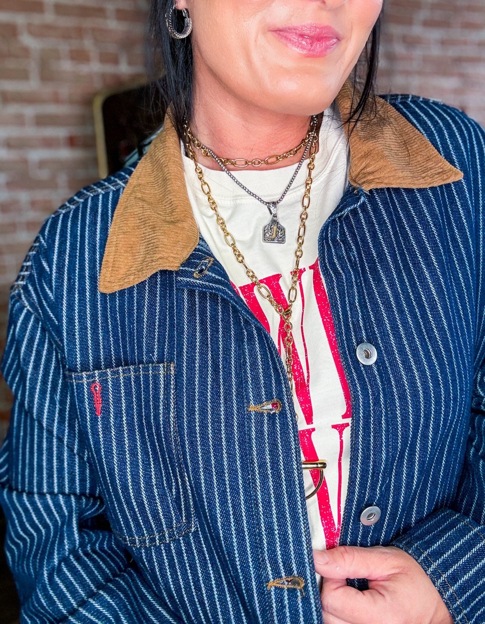 Western Stripe Corduroy Collar Denim Shacket - Southern Chic Tees & Boutique