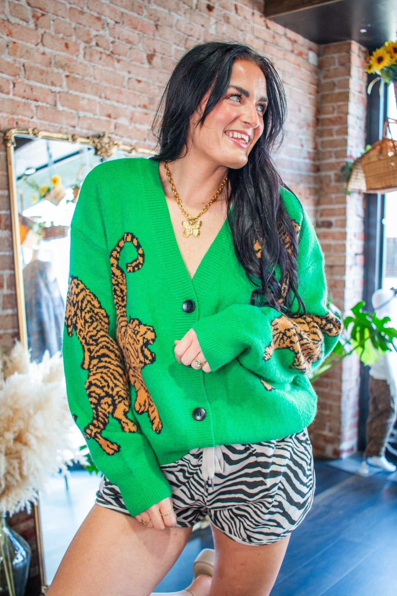 Wild Side Tiger Jacquard Oversized V-Neck Knit Cardigan - Southern Chic Tees & Boutique