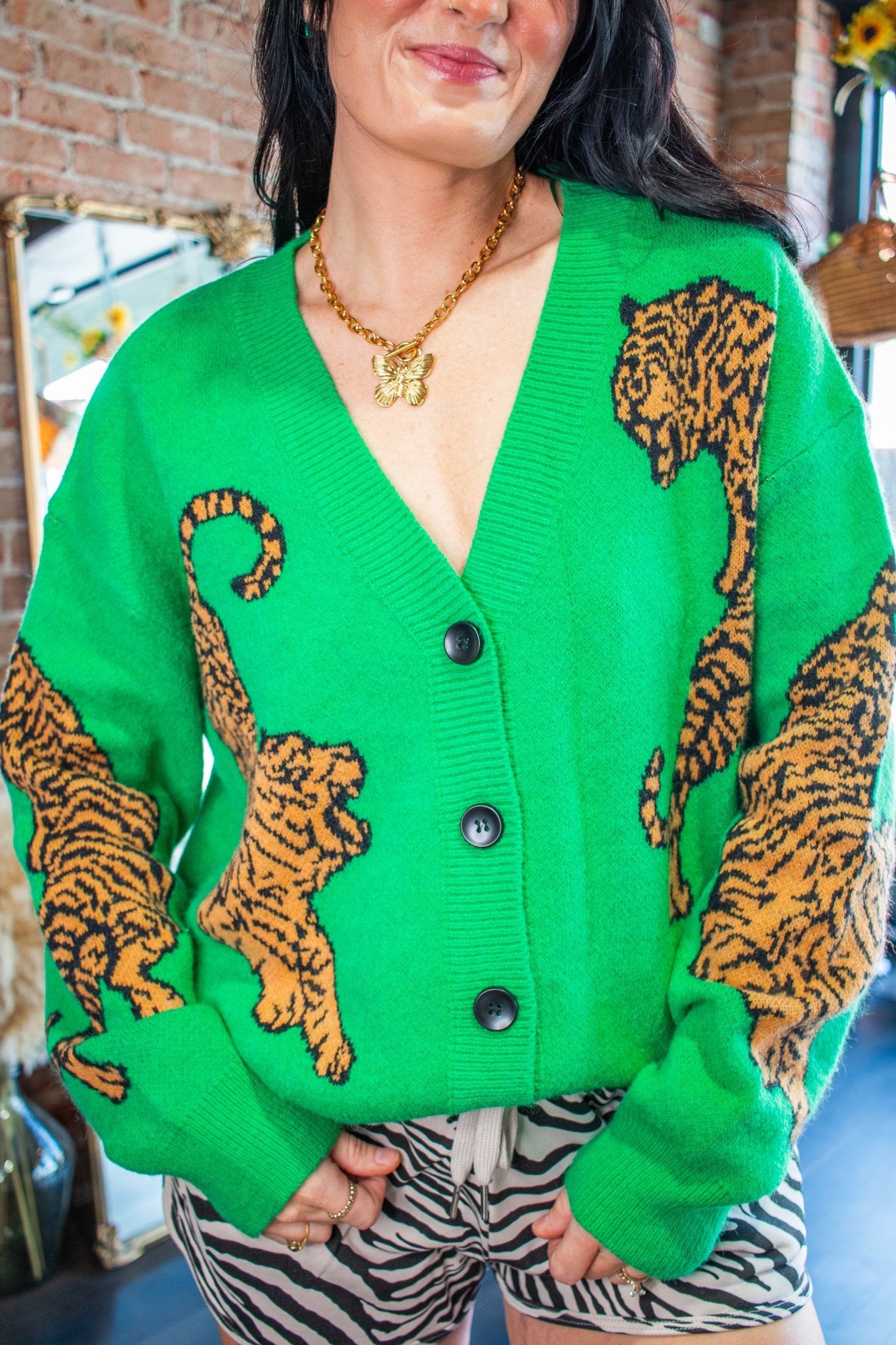 Wild Side Tiger Jacquard Oversized V-Neck Knit Cardigan - Southern Chic Tees & Boutique
