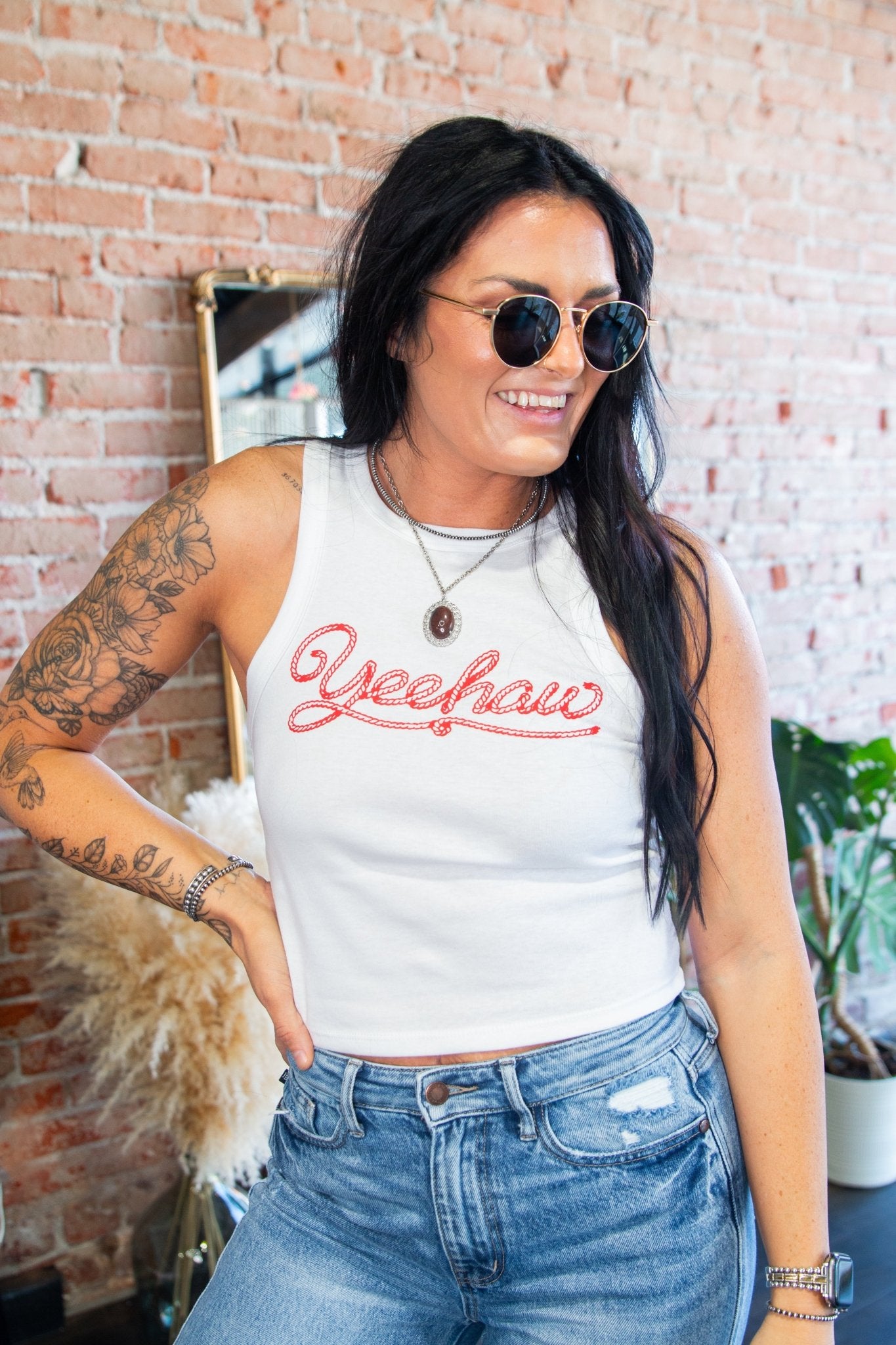 Yeehaw Rope Script Cropped Ribbed Racerback Tank - Southern Chic Tees & Boutique